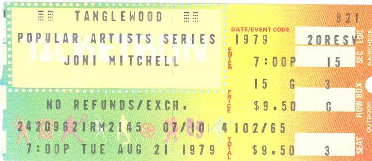 Ticket to Joni Mitchell concert at Tanglewood, Tuesday, August 21, 1979, 7:00 PM. [djsmithny]