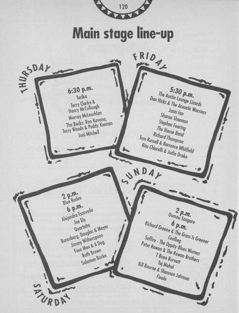 <b>Main-Stage Lineups</b> from the 1994 Edmonton Folk Music Festival Program.  Page 120.  