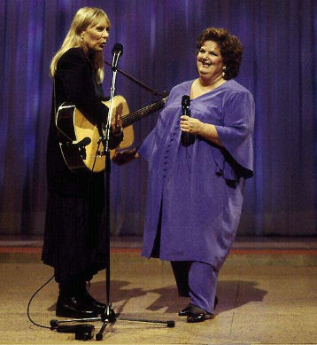 Joni and singer Rita MacNeil during a taping of the CBC-TV program <b><i>Rita & Friends</i></b>.<br>Photo by Brooke Palmer. 