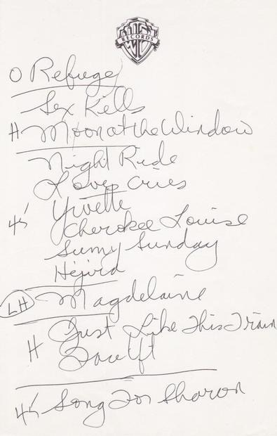 Joni's handwritten setlist 