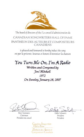 Parchment View of Award for<br> <i>You Turn Me On, I'm A Radio</i> 