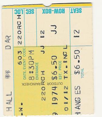 Front of Ticket for Joni Mitchell @ DAR Const Hall, 1-29-'74. [MrFred17]