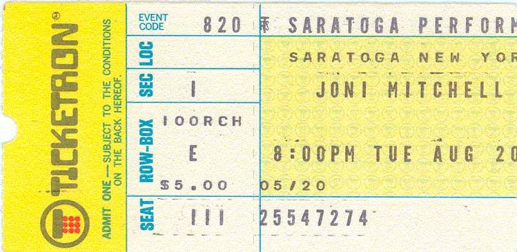 Ticket to Joni Mitchell concert at Saratoga Performing Arts Center, Tuesday, August 20, 1974, 8:00 PM. [djsmithny]