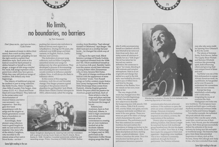 Pages 74 and 75 of the 1994 Edmonton Folk Music Festival Program share a paragraph on Joni's musical growth. 